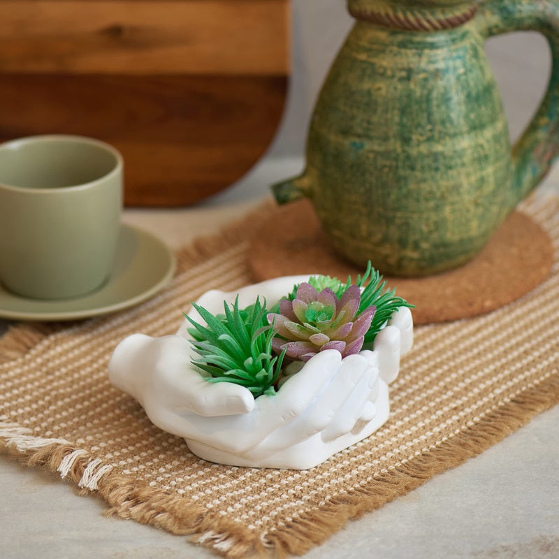 Tapeera Hand Shaped Succulent Planter Pot - Crystal Holder Display - Air Plant Holder Hand Planter - Giving Hands Sculpture Decor - Key Bowl Ring Dish Trinket Dish Candy Dish - Candle Holder (White) - Image 3